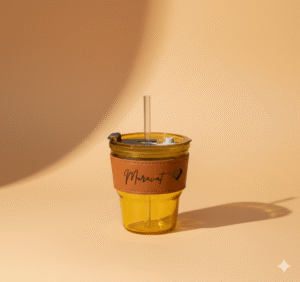 coffemugwithlid Personalized 400 ML Glass Tumbler with Leather Grip, Lid and Straw