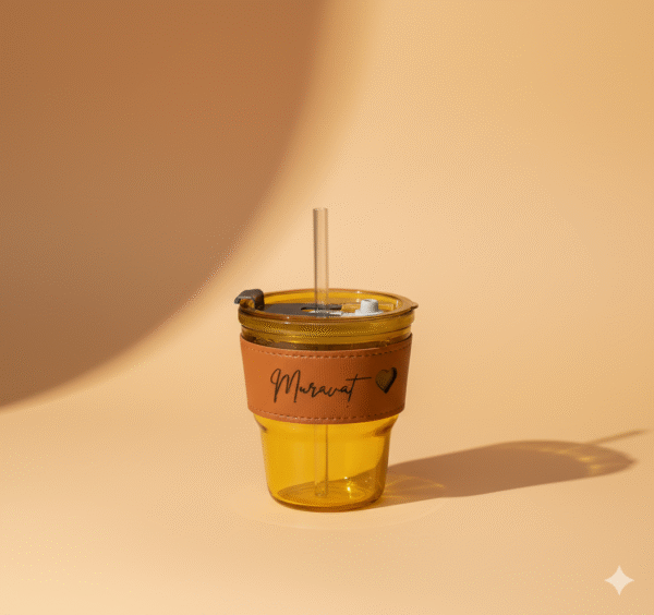 Personalized 400 ML Glass Tumbler with Leather Grip, Lid and Straw