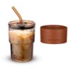 Personalized 400 ML Glass Tumbler with Leather Grip, Lid and Straw