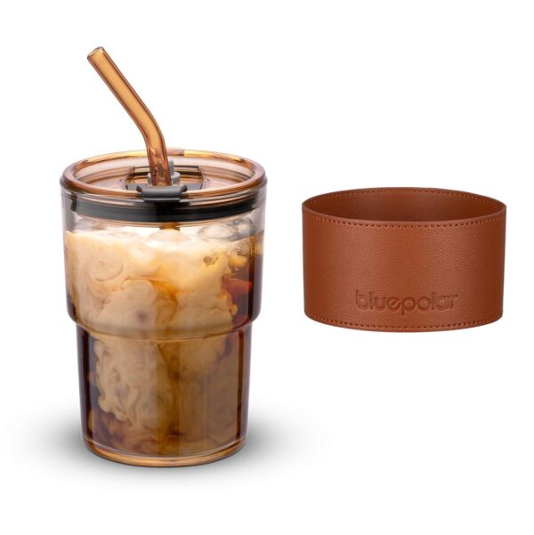 Personalized 400 ML Glass Tumbler with Leather Grip, Lid and Straw