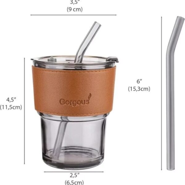 Personalized 400 ML Glass Tumbler with Leather Grip, Lid and Straw